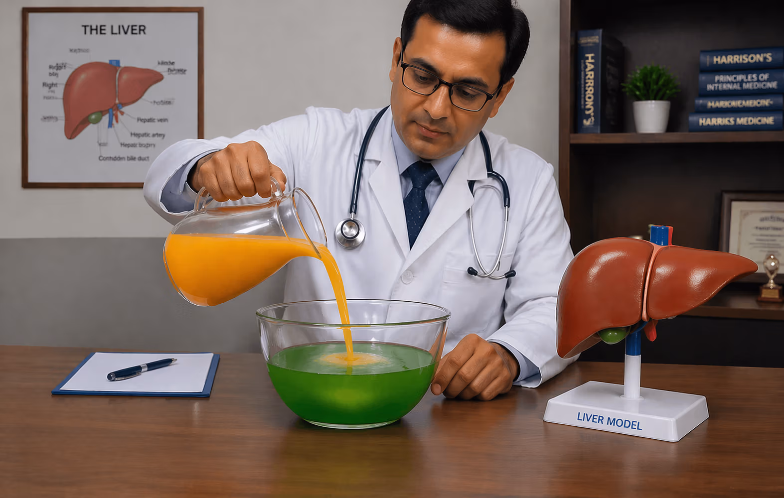 A cardiologist in a white coat examining a patient's midsection with a measuring tape in a bright medical office