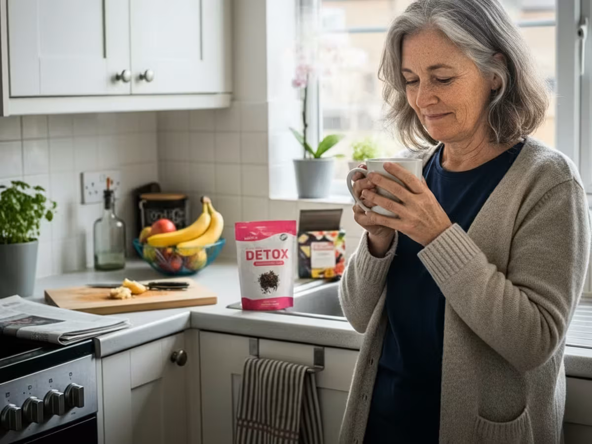 Eine Frau in den 50ern gießt sich abends einen Kräutertee ein