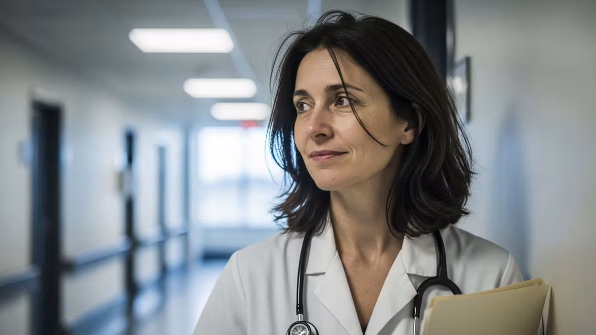 A young female cardiologist in her 30s wearing a white coat with a stethoscope