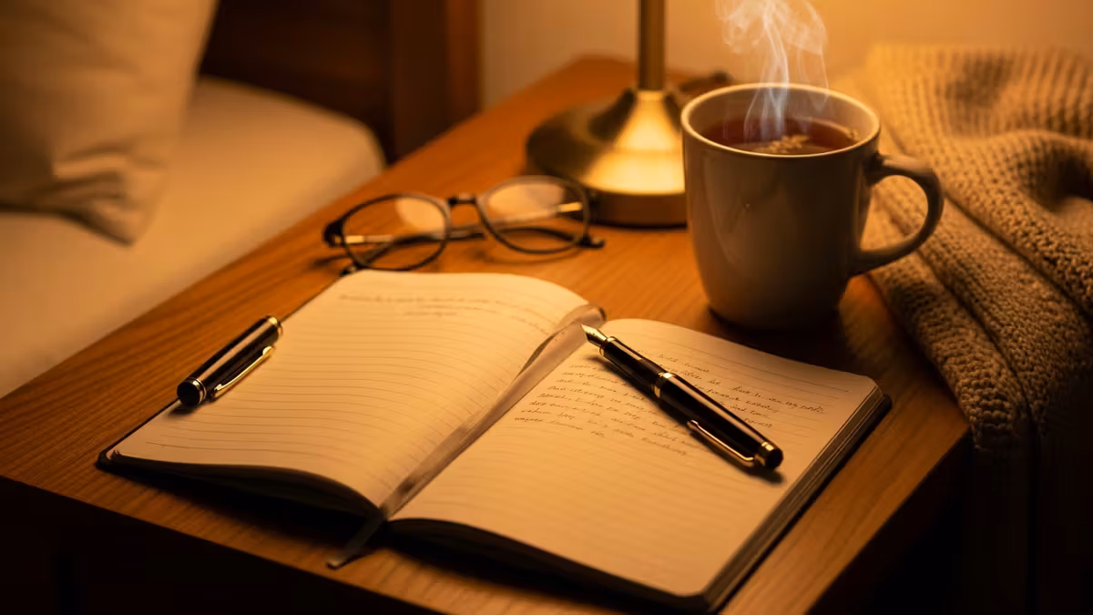 An open notebook with handwritten notes, beside a steaming cup of tea