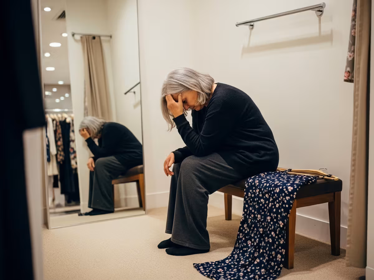 A woman in her 50s in a department store fitting room mirror