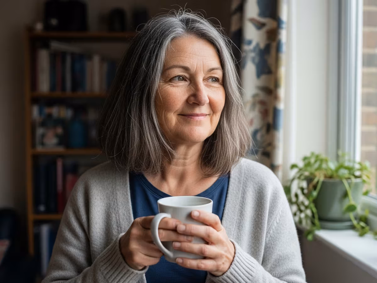 A woman in her 50s holding a cup of tea by a sunlit window, content