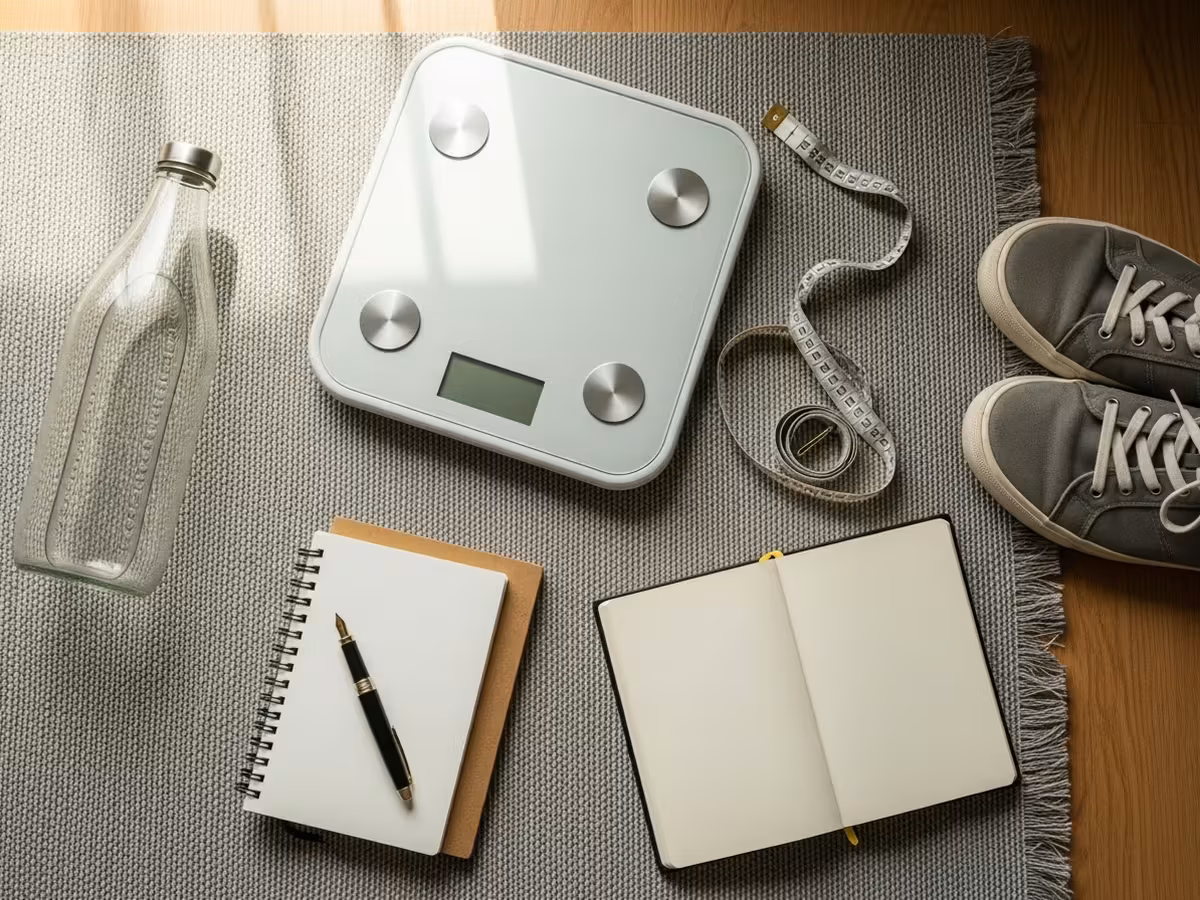 Bathroom scale, tape measure, water bottle and trainers — three years of trying