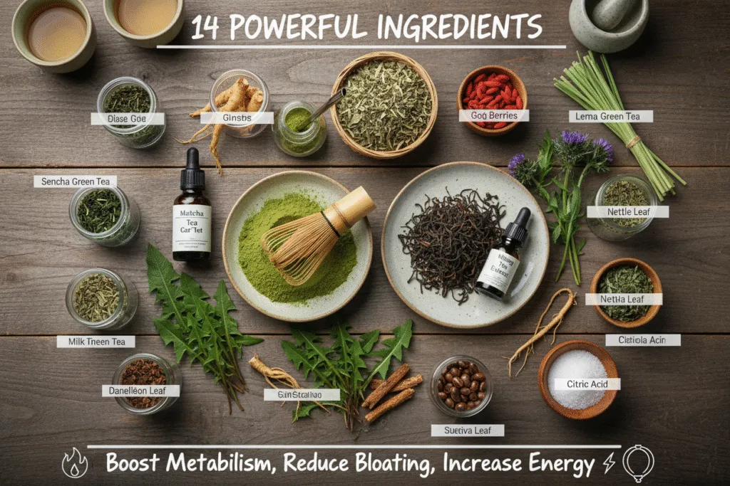 Natürliche Zutaten des Lulutox Detox Tees: Matcha, Grüner Tee, Yerba Mate, Mariendistel und weitere Kräuter