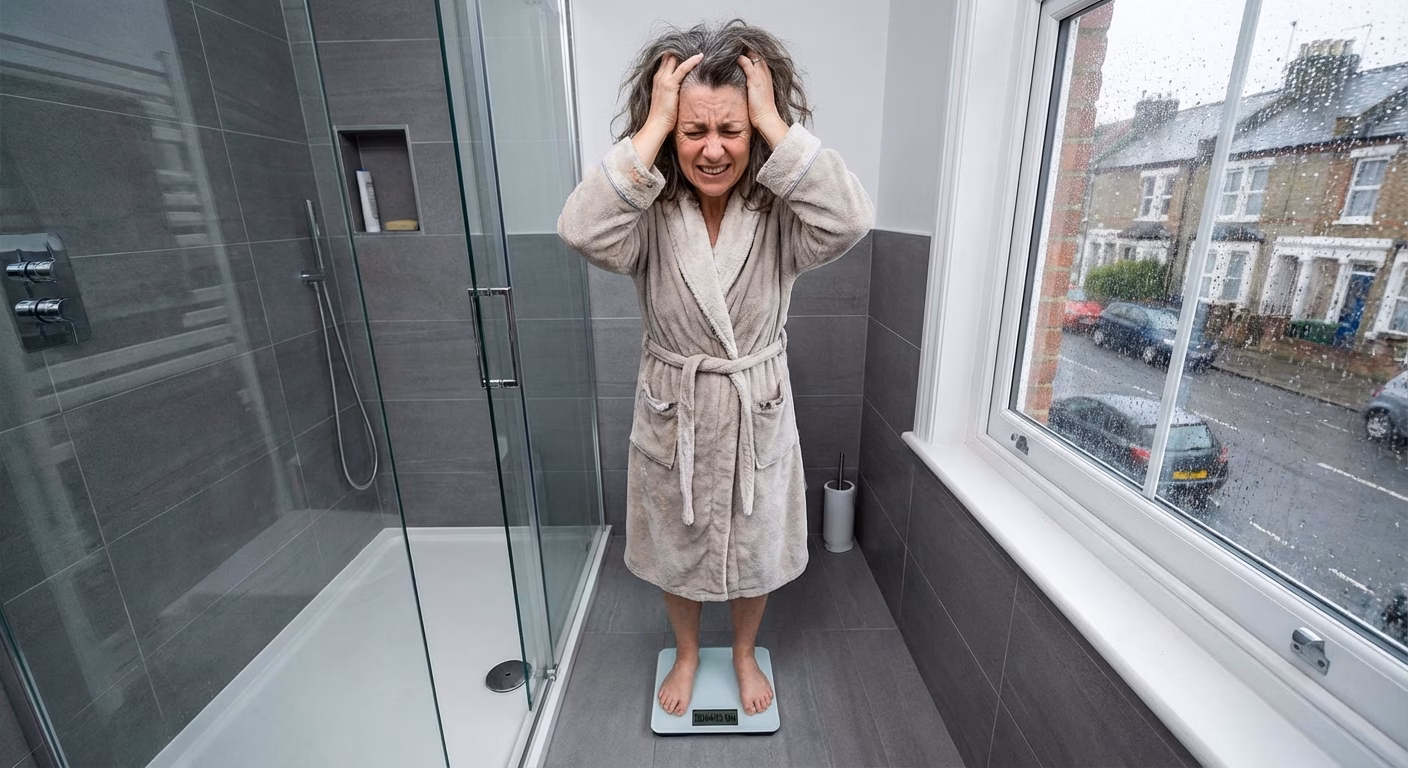 Eine Frau Ende 40 steht frustriert auf einer Badezimmerwaage in einem modernen Badezimmer