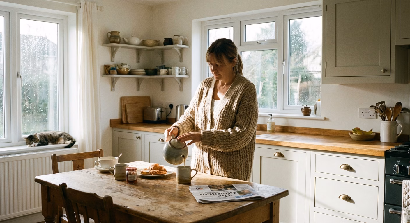 Eine Frau in ihren 40ern giesst sich eine Tasse Kräutertee in einer hellen, modernen Küche am Morgen ein