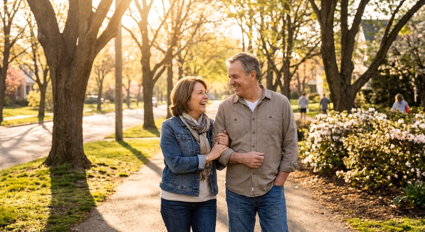 Happy couple walking together outside on a sunny morning, well-rested and energized