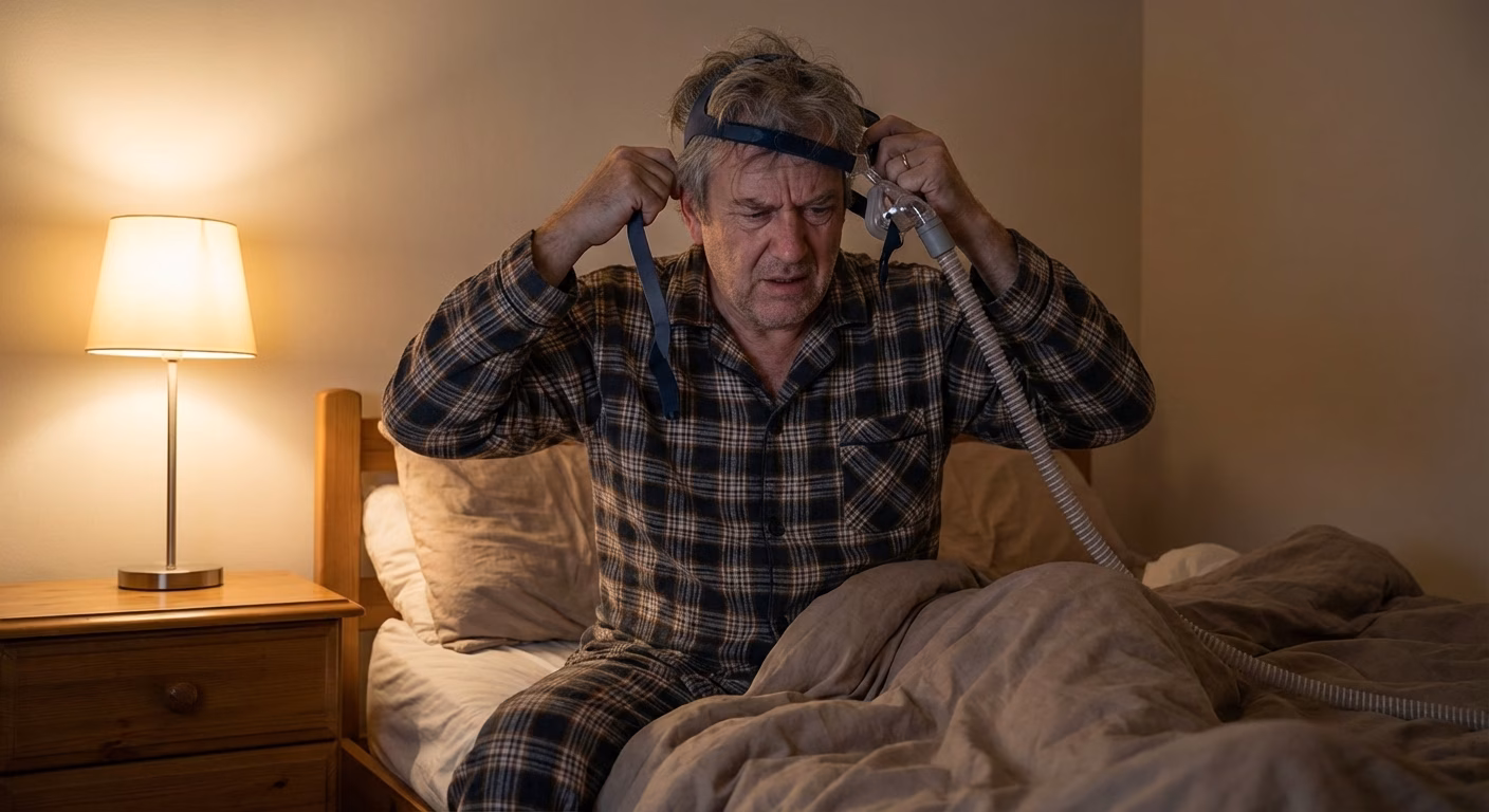 Man struggling with CPAP mask in bed at night, looking frustrated and uncomfortable