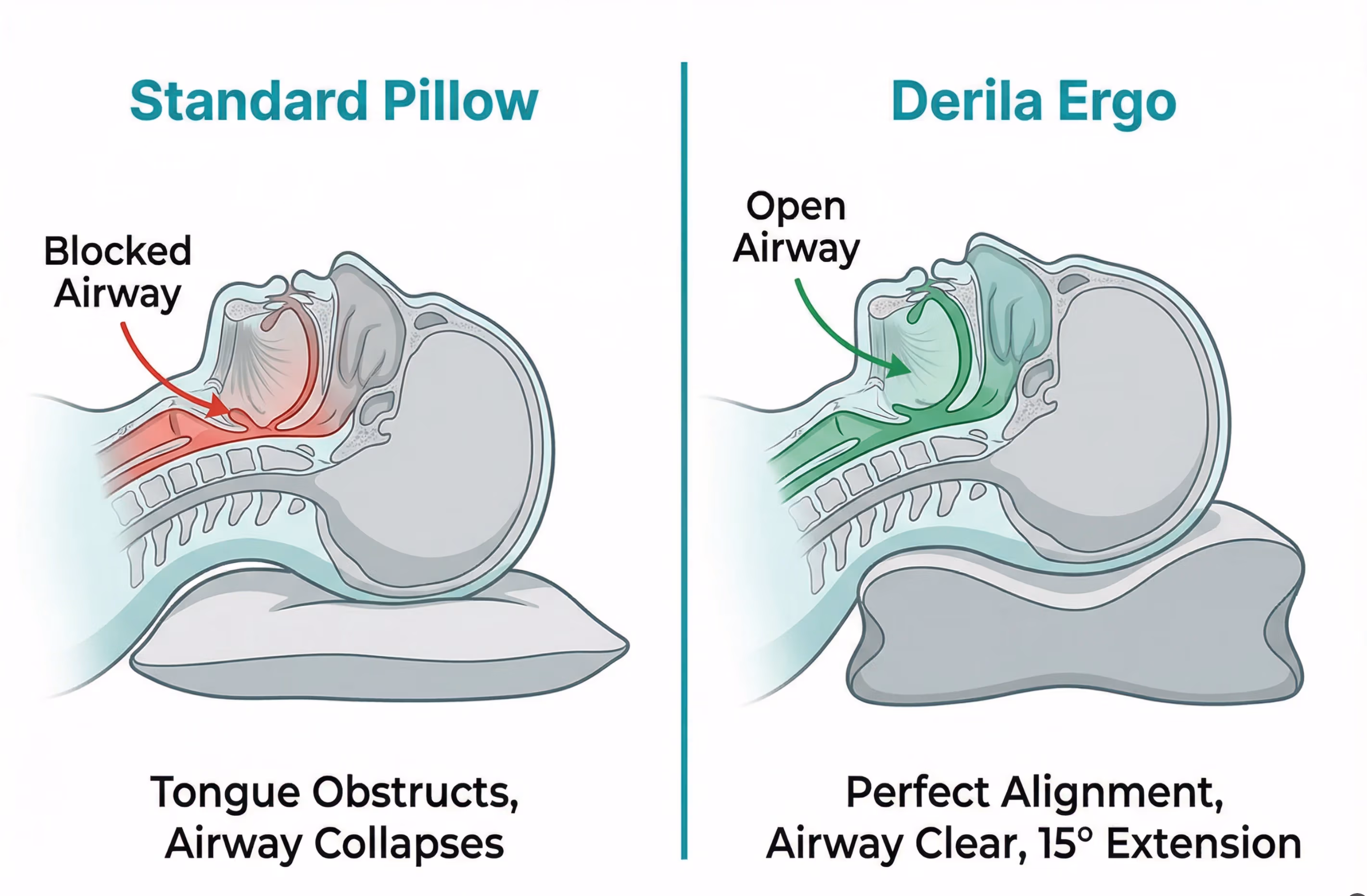 Medical illustration comparing open airway with Derila Ergo versus collapsed airway with standard flat pillow