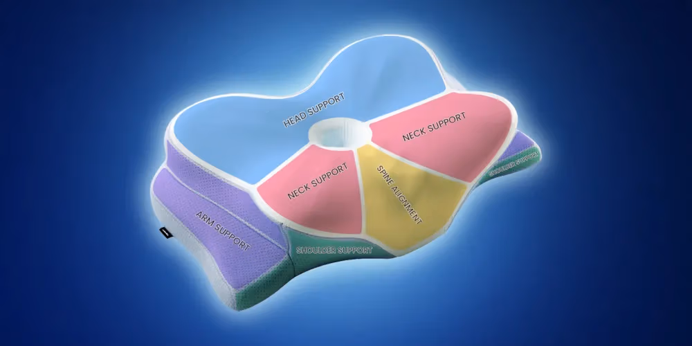 Derila Ergo pillow showing contoured zones: central head cradle, neck support wings, and shoulder arch
