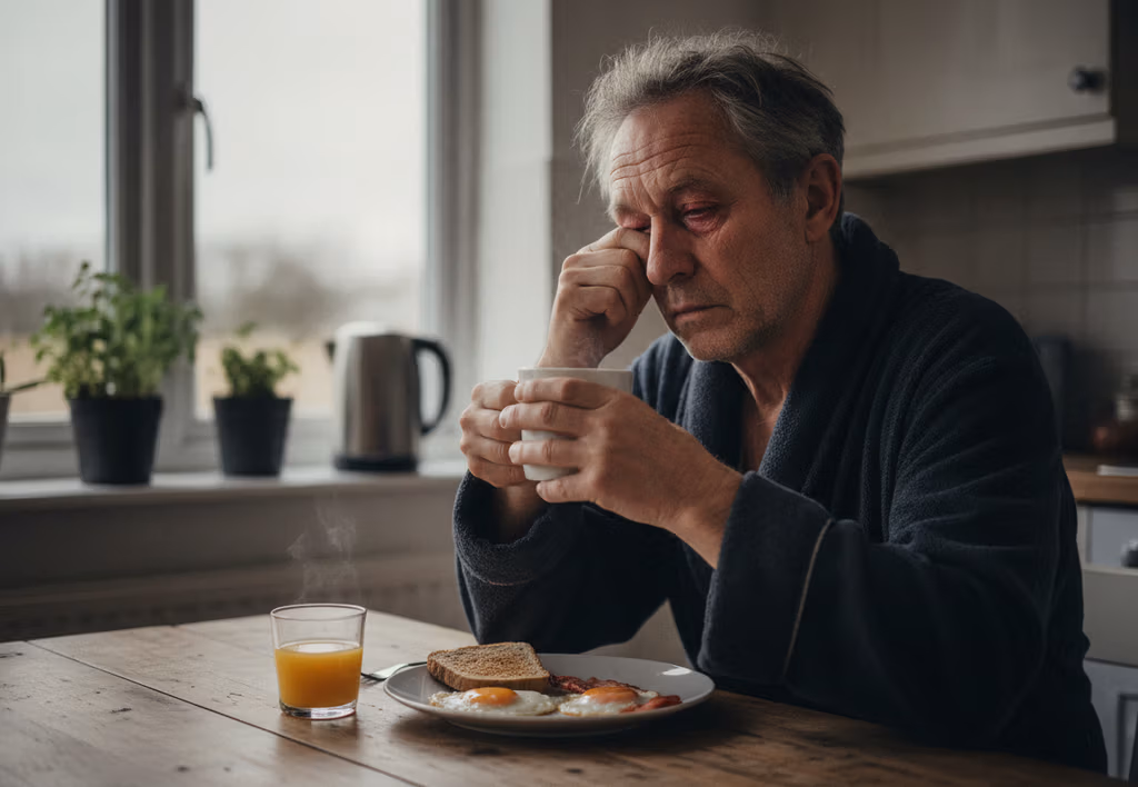 A man in his mid-60s sitting alone at his kitchen table early in the morning in a dressing gown, rubbing his eye with exhaustion over an untouched breakfast
