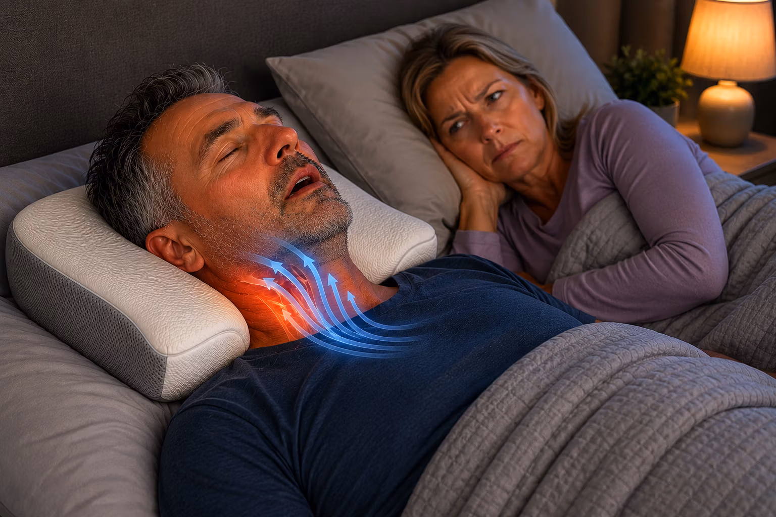 A man in his 60s asleep on his back snoring with his mouth open on a contoured support pillow, his wife awake beside him covering her ear, with a soft blue glow showing the airway opening