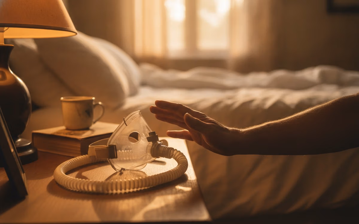 A man's hand setting a CPAP mask aside on a nightstand at night, choosing to leave the machine off