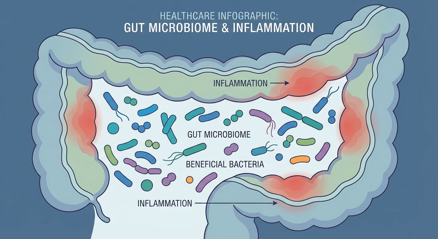 A detailed medical illustration of the gut microbiome showing beneficial bacteria in the intestinal tract with highlighted areas of inflammation