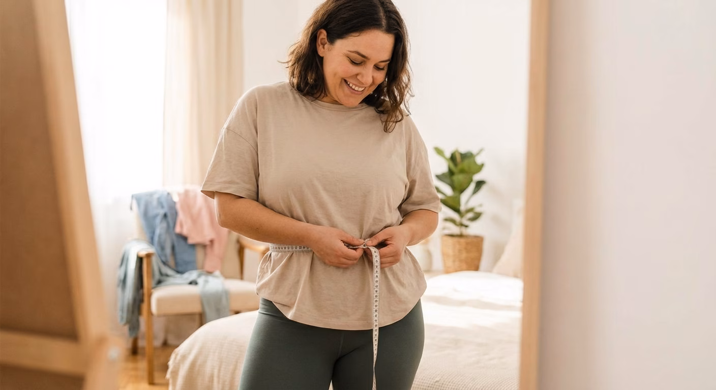 A smiling woman measuring her waist with a measuring tape in her bedroom, looking pleased with her progress