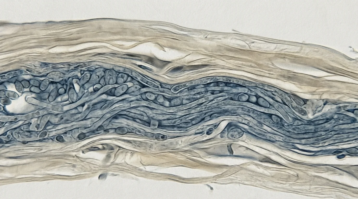 Ilustración científica que muestra la barrera de biofilm protegiendo a las células fúngicas bajo la uña
