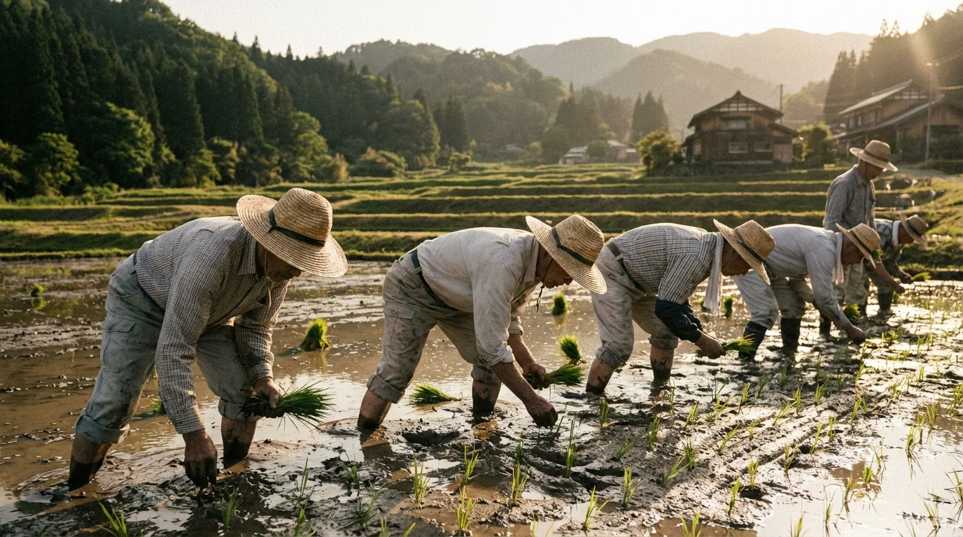 Agricultores de arroz japoneses trabajando descalzos — la pista botánica detrás de Orivelle