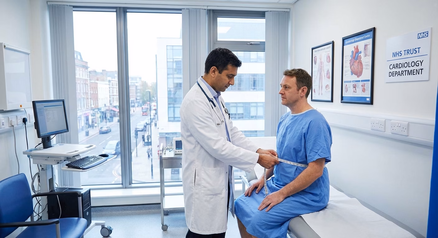 A cardiologist in a white coat examining a patient's midsection with a measuring tape in a bright medical office