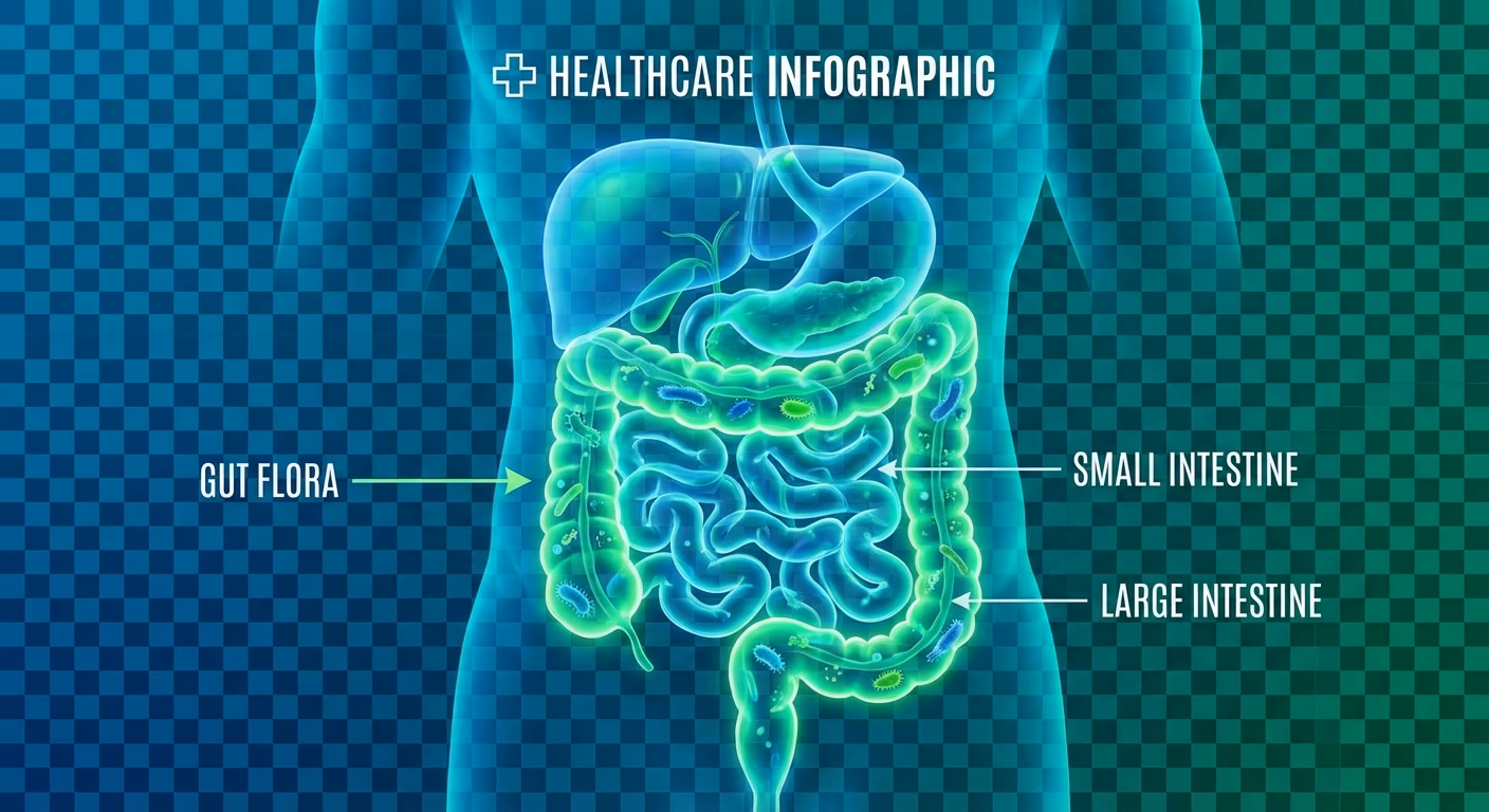 A medical illustration showing the human digestive system with highlighted areas indicating gut flora and digestive processes