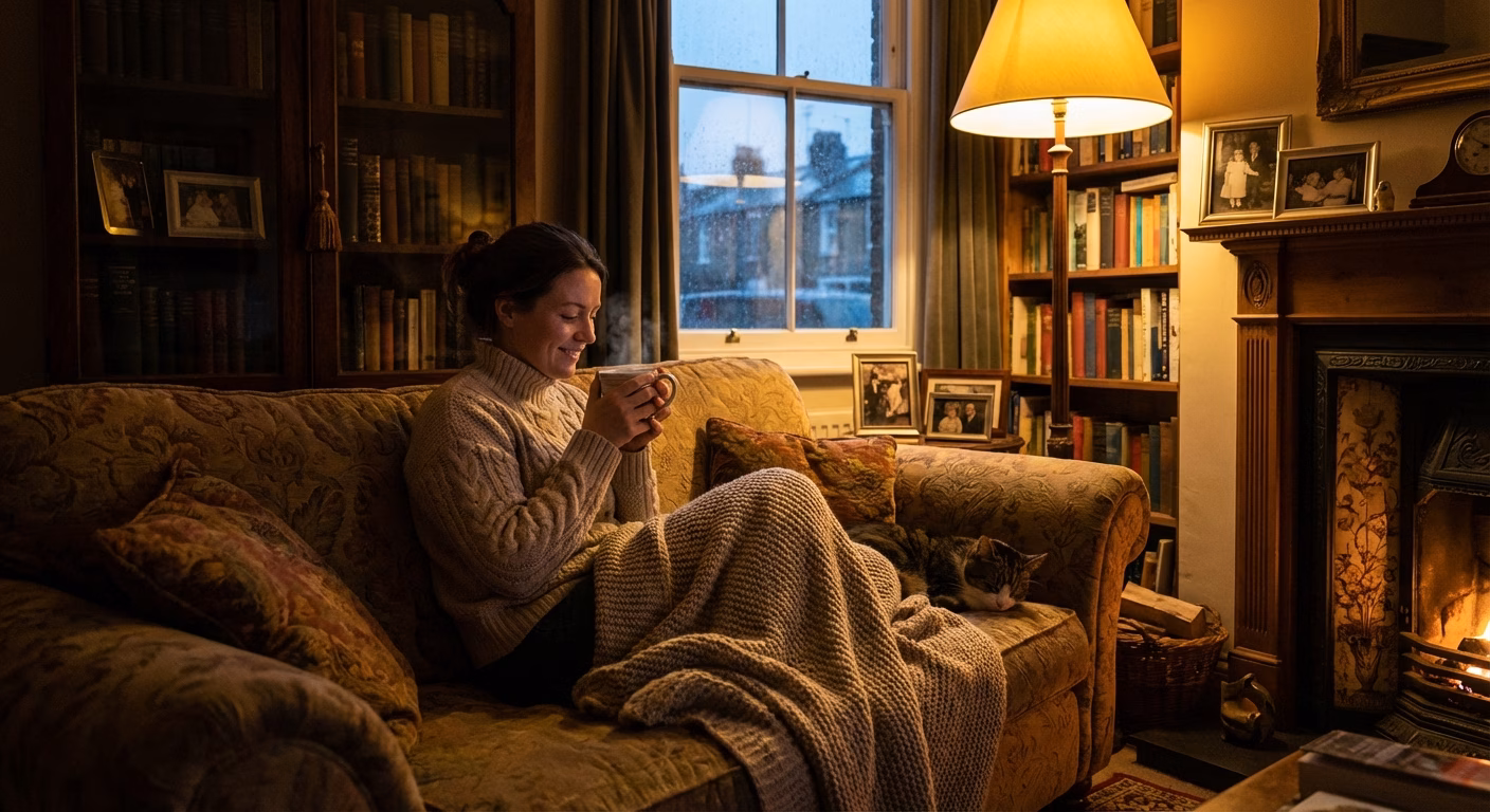 A woman relaxing on a sofa in the evening holding a warm cup of tea with cozy lighting in a cozy living room