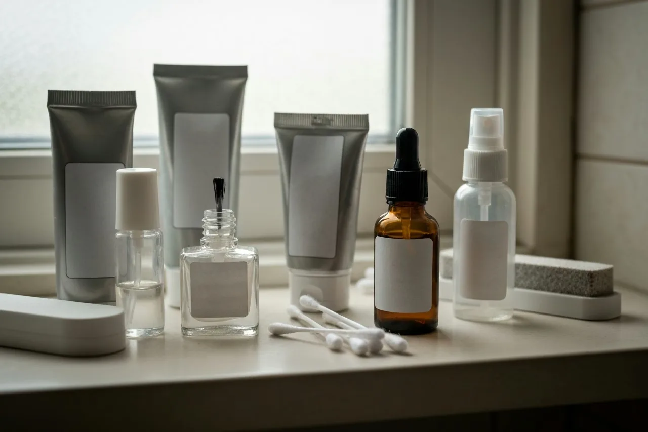 An assortment of part-used generic chemist nail and foot treatments that did not work