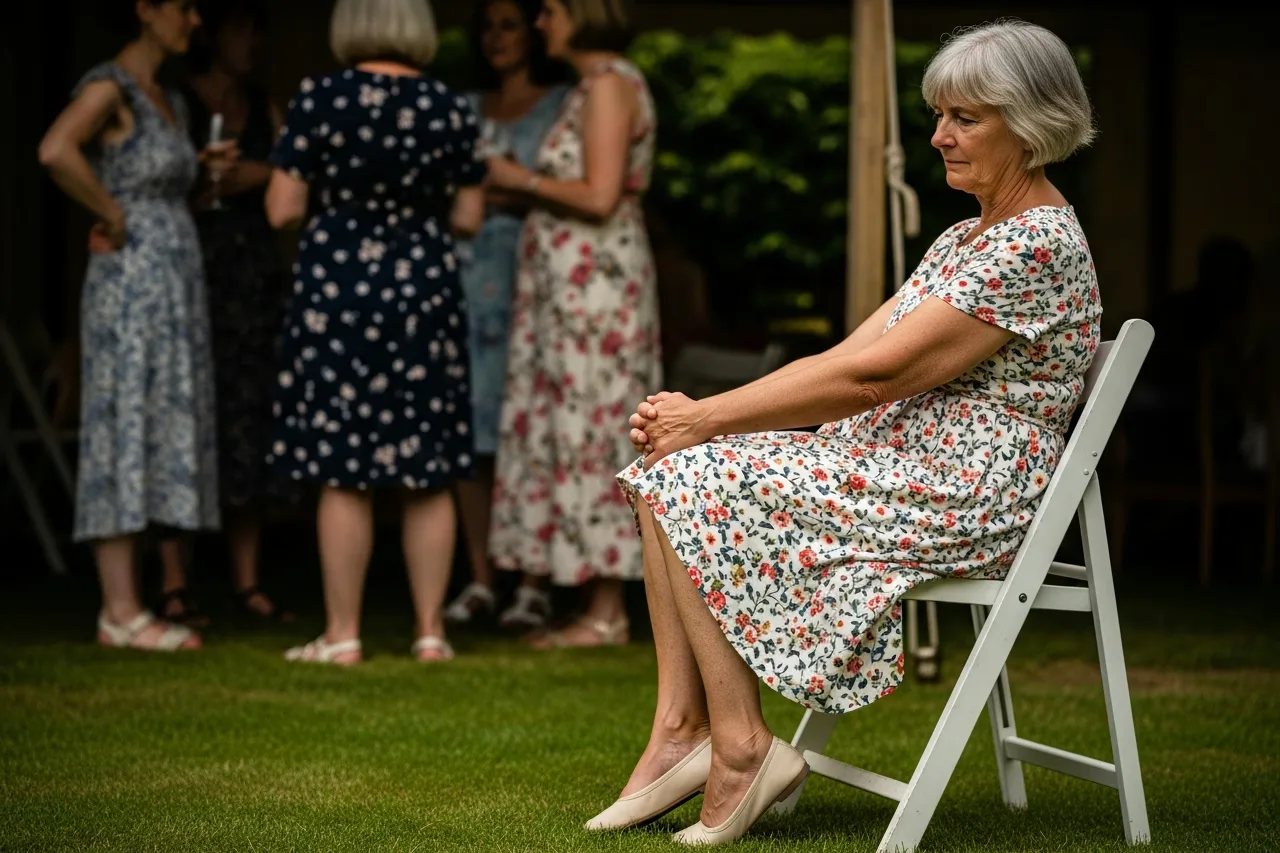 A woman in her sixties sitting with her feet tucked self-consciously under a garden chair at an outdoor summer event, wearing closed flat shoes while others wear sandals