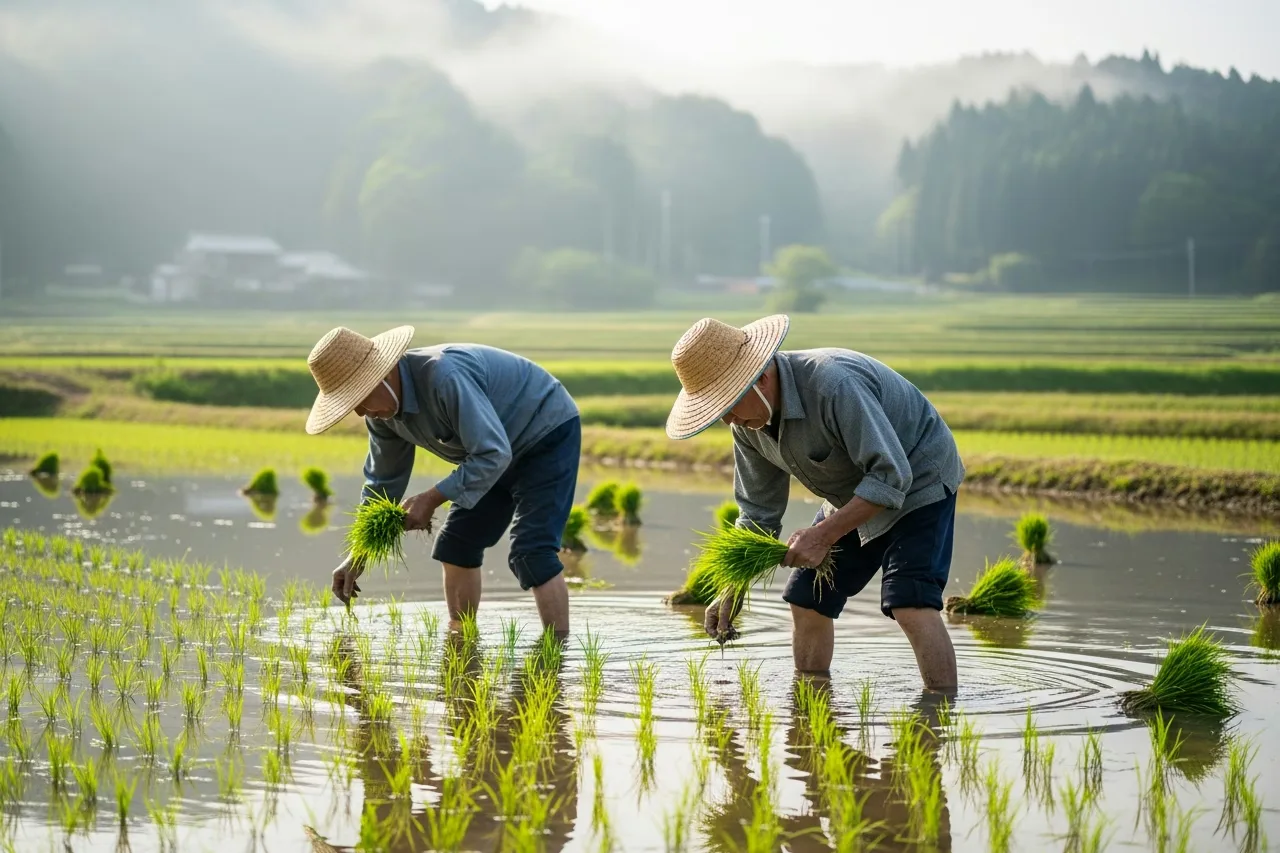Japanese rice farmers working barefoot in flooded paddy fields, illustrating the traditional botanical remedy origins behind the Orivelle multi-oil formula
