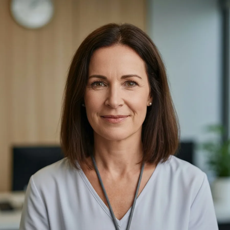 Female GP in her forties, healthcare professional Dr. Sarah M. from Surrey